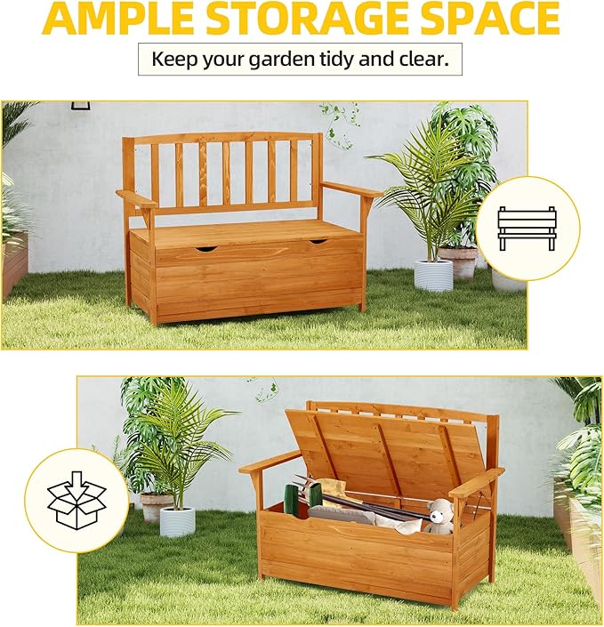 AVAWING Outdoor Storage Bench, Wooden Garden Bench Weatherproof, Patio Benches for Outside, 2-Seat Front Porch Bench, Park Bench for Deck, Lawn, Backyard (Yellow)