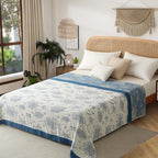 Boho Throw Blanket Twin Size, Soft Cozy Cotton Muslin Quilt Blanket for Bed Decor, Floral Patterned Couch Sofa Chair Cover, Vintage Farmhouse Cottage Tapestry Woven Blanket, Blue and White