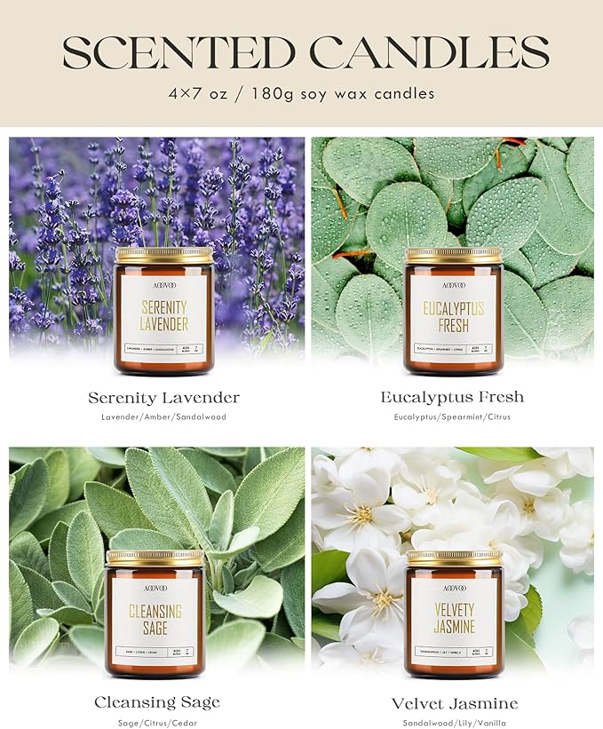 AOOVOO Candle Set - 4PC Scented Candles, 28 oz Soy Candles, Soy Candle for Home Scented, Sage/Jasmine/Eucalyptus/Lavender