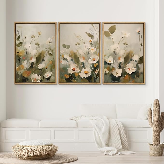 SIGNWIN Framed Canvas Print Wall Art Botanical Floral White Blossoms and Greenery Photography Modern Art Minimalist Black and White for Living Room, Bedroom, Office - 16"x24"x3 Natural