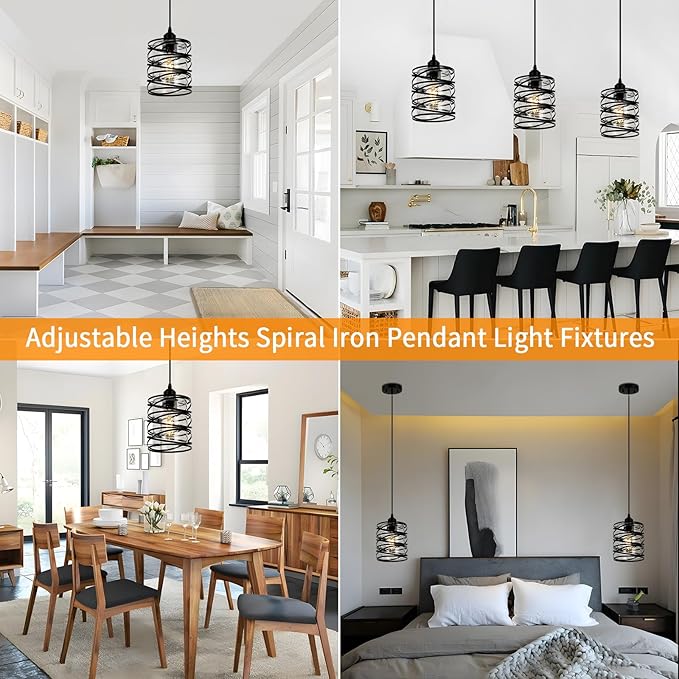 Black Pendant Lights for Kitchen Island, Industrial Farmhouse Pendant Light Fixtures with Seeded Glass Shade, Adjustable Spiral Iron Pendant Lighting for Foyer Hallway Dining Room Kitchen