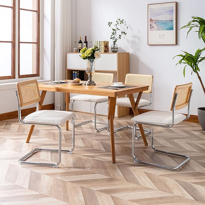 Mid Century Modern Rattan Dining Chairs Set of 2, Boucle Kitchen Chairs with Handwoven Mesh Rattan Backrest and Metal Legs, Upholstered Accent Side Chairs, White