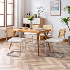 Mid Century Modern Rattan Dining Chairs Set of 2, Boucle Kitchen Chairs with Handwoven Mesh Rattan Backrest and Metal Legs, Upholstered Accent Side Chairs, White