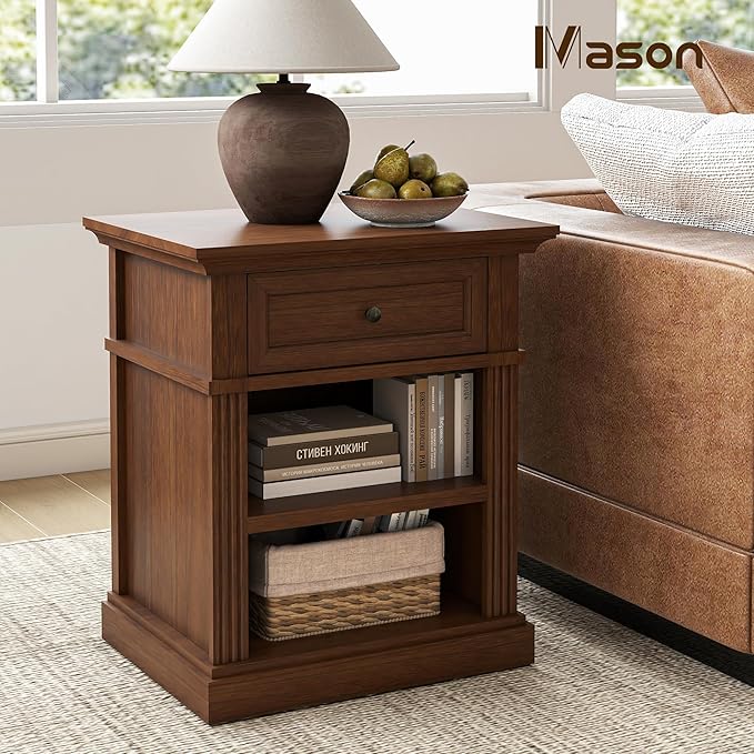 Mason Nightstand, Solid Wood End Table with Drawer, Timeless Classic Side Table for Bedroom, Living Room or Home Offices