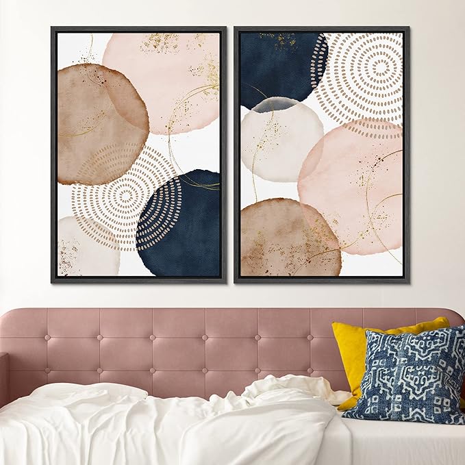 SIGNFORD Framed Wall Art Print Set Pastel Watercolor Vibrant Circle Collage Abstract Shapes Illustrations Modern Minimalist Relax/Calm Multicolor for Living Room, Bedroom, Office - 24"x36"x2 Black