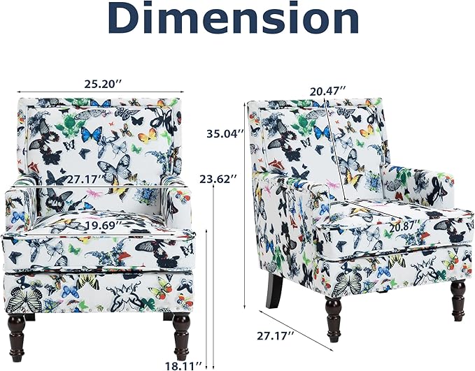 Accent Chair, Modern Comfy Mid-Century Anthropologie Accent Chairs, Linen Upholstered Wingback Lounge Arm Chair with Solid Wood,Single Floral Pattern Chair for Living Room/Balcony/Bedroom