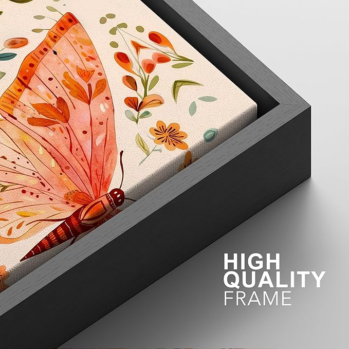 SIGNFORD Framed Canvas Print Wall Art Set Whimsical Butterfly and Florals Colorful Nature Illustration Modern Art Decorative Nordic Nature for Living Room, Bedroom, Office - 24"x36"x2 Black