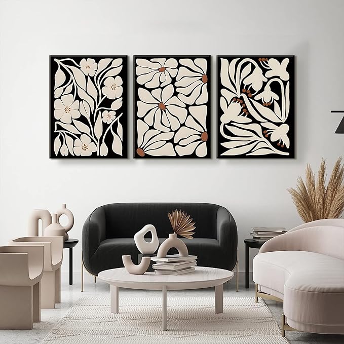 QGNBGBJ Framed Black Boho Flowers Plant Wall Art Abstract Botanical Flower Canvas Poster Vintage Bohemian Neutral Floral Prints Wall Decor Trendy Black Beige Floral Set for Girl Bedroom(16x24in)