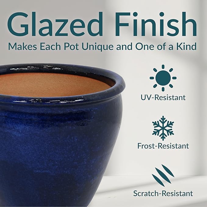 Sunnydaze Chalet Large Ceramic Plant Pot - Round Outdoor Glazed Ceramic Planter Pot with Drainage - Imperial Blue - 14.5"