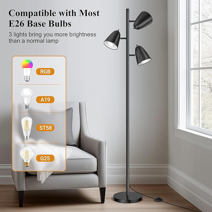 QiMH Tree Floor Lamp with 3 Light Bulbs, Standing Tall Pole Lamps for Living Room Bedroom Office, Reading Stand up Lamps with 3 Adjustable Arms, Black