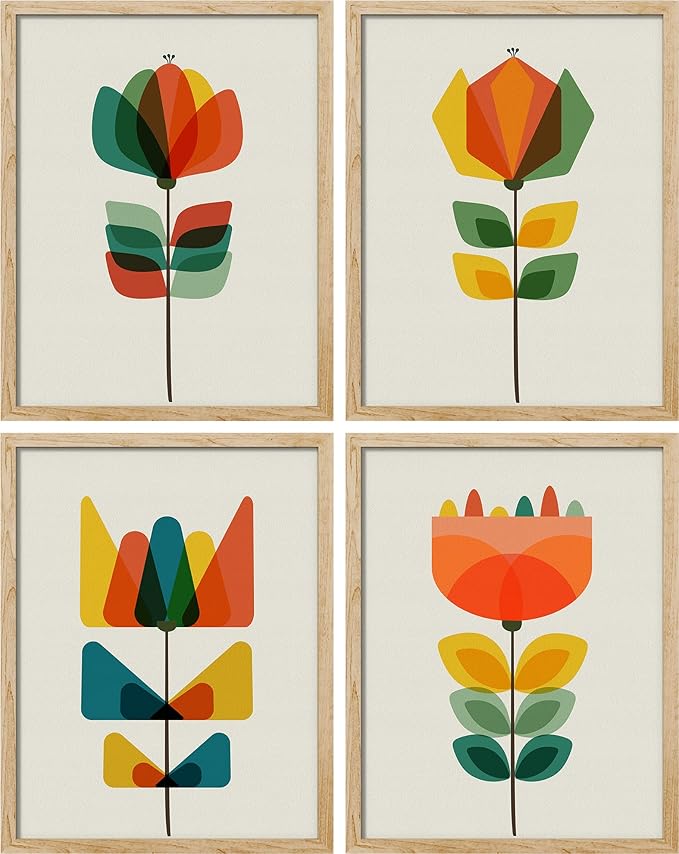 SIGNWIN Framed Mid-Century Modern Retro Botanical Flower Garden Wall Art, Set of 4 Abstract Geometric Wall Decor Prints, Nature Wilderness Wall Décor for Living Room, Bedroom - 12"x16" Natural