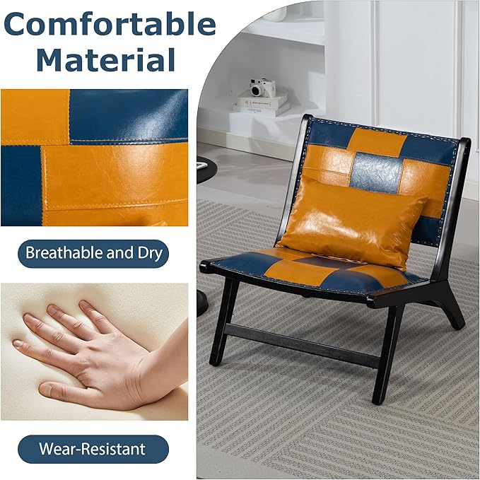 Accent Chair, Modern Comfy Genuine Leather Armless Mid-Century Anthropologie Accent Chairs, Lounge Arm Chair with Solid Wood, Floral Pattern Sofa Chair for Living Room/Office/Balcony/Bedroom