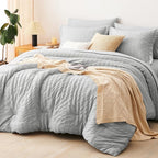 CozyLux Queen Comforter Set Light Grey Seersucker 7 Pieces Bed in a Bag Queen Comforter Set with Sheets Luxury Soft Bedding Set with Down Alternative Comforter, Sheets, Pillowcases & Shams All Seasons
