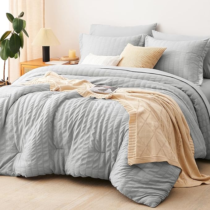 CozyLux Queen Comforter Set Light Grey Seersucker 7 Pieces Bed in a Bag Queen Comforter Set with Sheets Luxury Soft Bedding Set with Down Alternative Comforter, Sheets, Pillowcases & Shams All Seasons
