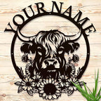 Personalized Highland Cow Name metal Signs,Custom Highland Cow Metal Shed Wall Decor,Black Metal Wall Art Plaques Outdoor wall Decorative Signage (Style H)