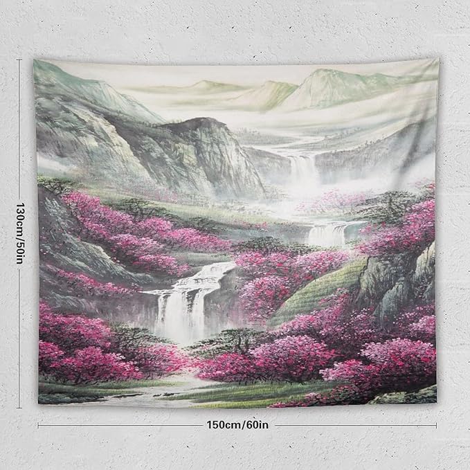 Japanese Tapestry, Red Plum Blossom Mountain Tapestry, Asian Japanese Wall Tapestry, Nature Landscape Tapestries for Bedroom Living Room Decor 60"x50"
