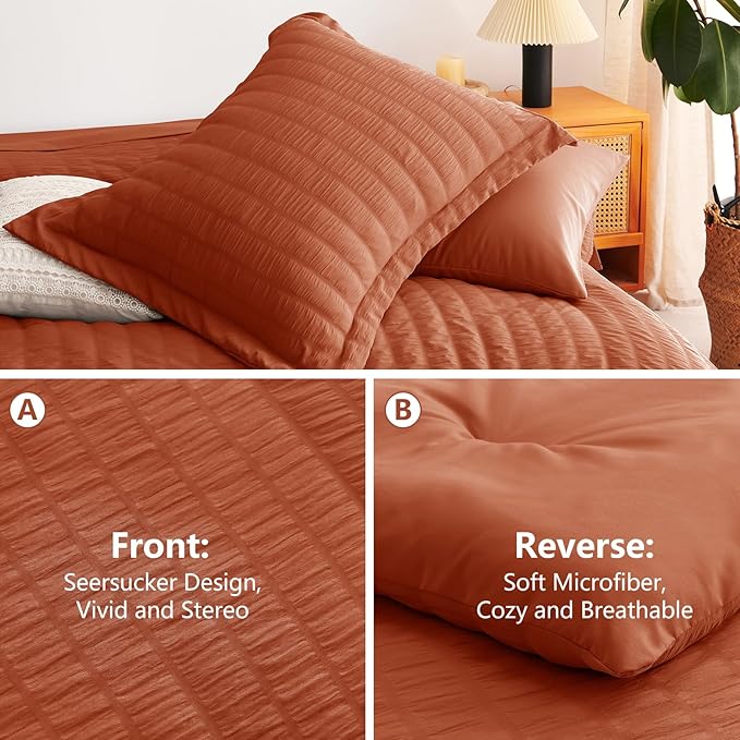 CozyLux King Size Comforter Set Burnt Orange Seersucker 7 Pieces Bed in a Bag King Comforter Set with Sheets Terracotta Luxury Bedding Set with Down Alternative Comforter, Sheets, Pillowcases & Shams
