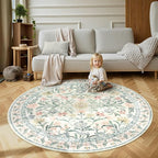 Wonnitar Floral Round Rugs 6ft, Boho Large Machine Washable Circle Rug, Low Pile Soft Flower Botanical Print Beige Round Carpet for Living Room Bedroom Dorm Sunroom