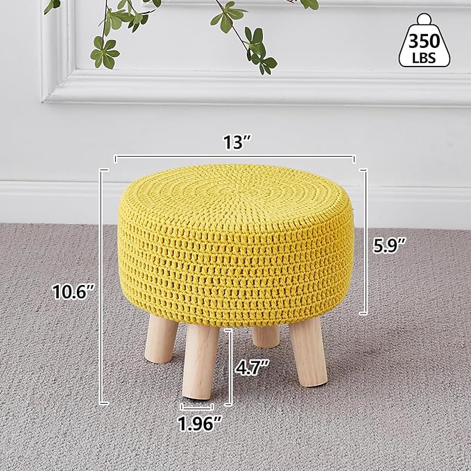 Wimarsbon Small Ottomans, 100% Hand Knitted Pouf, Round Footrest with 4 Non-Skid Wood Legs, Boho Décor Cotton Rope Pouffe Beside Sofa, Leisure Floor Step Chair for Living Room (Yellow)