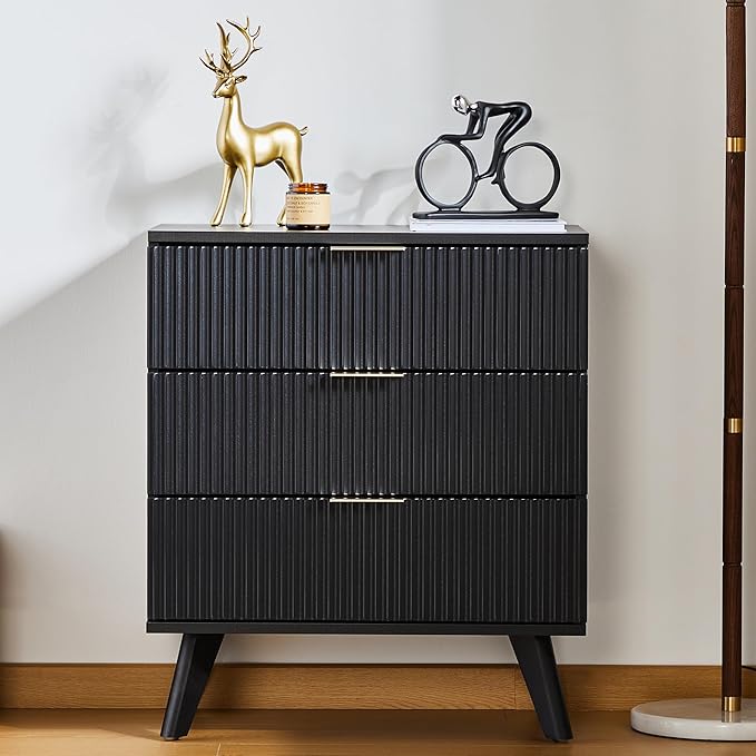 Fluted 3 Drawer Dressers, Modern Closet Dressers Chest of Drawers, Wood Storage Dresser Chest of Drawers Organizer for Bedroom Living Room Hallway Closet(Black)