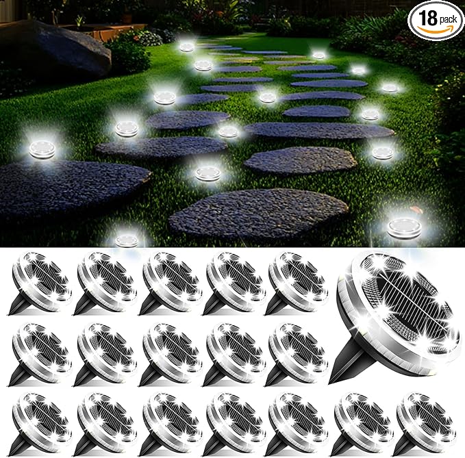 Solar Ground Lights Outdoor 18 Pack Waterproof, Upgraded Solar Garden Lights with 4 Side Light, Stainless Steel Solar Powered Disc Landscape Light for Walkway Lawn Yard Patio Deck-Cool White