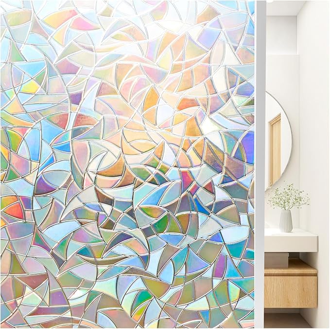 Beautyhero Window Privacy Film, Rainbow Reeded Glass Cling, 3D Decorative Coverings with UV Blocking, Static Cling for Bathroom Doors Cabinet