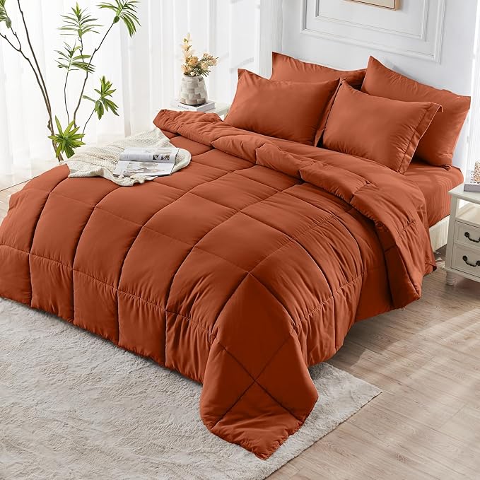 JOLLYVOGUE King Comforter Set, Ultra-Soft Bed in a Bag King Size 7 Pieces, Oeko-TEX Certified Bedding Set with Down Alternative Comforter, Sheets, Pillowcases & Shams, Burnt Orange