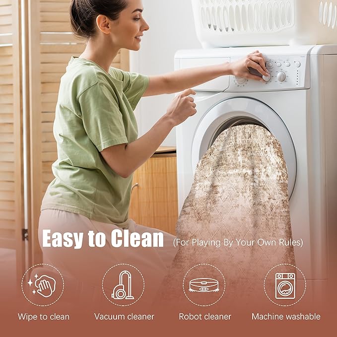 9' x 12' Washable Area Rug - Low Pile Soft Vintage Indoor Rug for Living, Dining or Bedroom - Lightweight Carpet with Non-Slip Backing - Foldable for Easy Placement, Brown