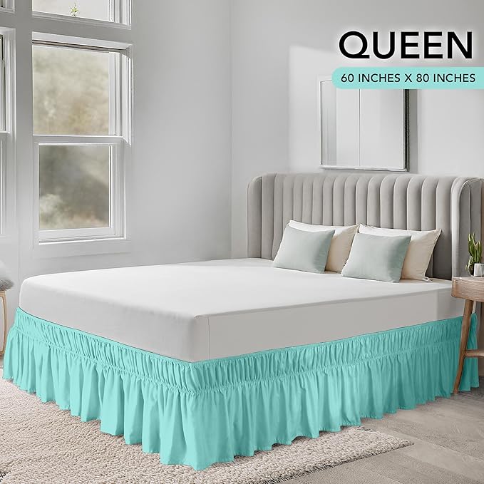 Utopia Bedding Queen Elastic Bed Ruffle - Easy Wrap Around Ruffle - Microfiber Bed Skirt with Adjustable Elastic Belt 16 Inch Tailored Drop - Hotel Quality Bedskirt, Fade Resistant (Queen, Spa Blue)
