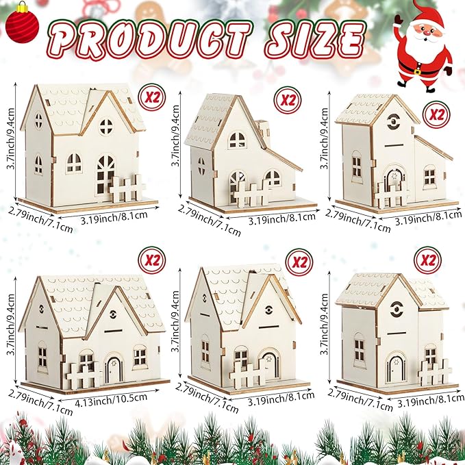 Hiboom 12 Pcs DIY Christmas Village Sets Wood Village Houses with Fence Christmas Mini Wooden House Gift for Winter Xmas Party Decorations