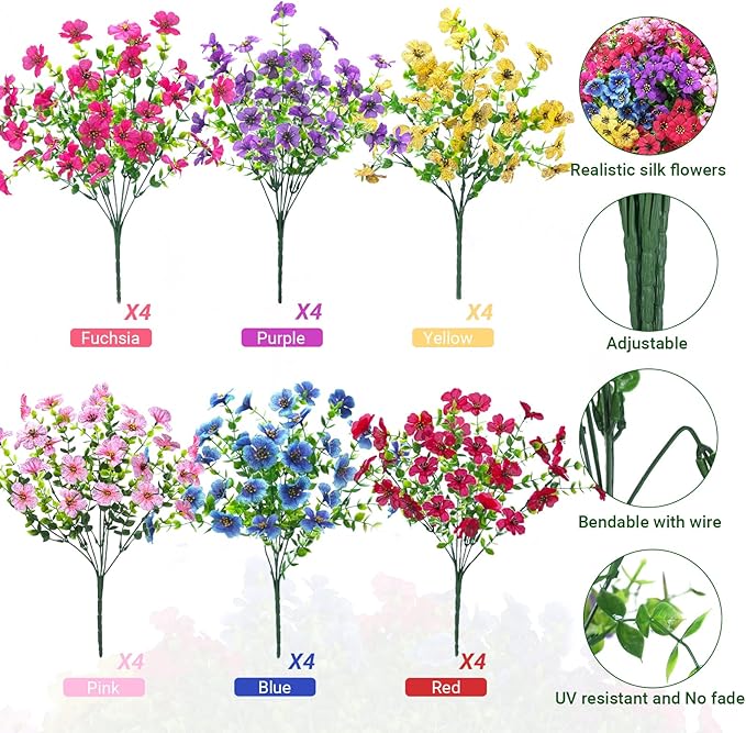 24 Bundles Artificial Flowers for Outdoors & Indoors – UV Resistant Faux Plastic Plants for Garden, Patio, Porch, Window Box, Home Decor – Lush & Vibrant Fake Flowers, Multicolor