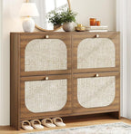 Nicetree Freestanding Arched Rattan Accent Ultra Slim Shoe Cabinet for Entryway - 4 Flip Drawers & 3-Tier Adjustable Shelves, Farmhouse Modern Rustic Shoe Rack for Hallway, Foyer, Living Room