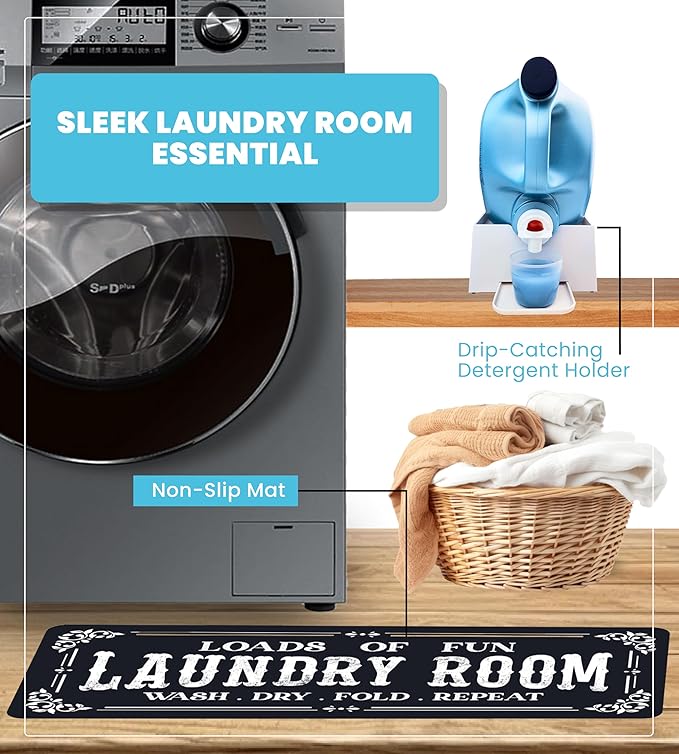 TidyFriend Laundry Detergent Holder with Laundry Room Rug Runner, Detergent Stand for Spill Protection, Non-Slip Runner Mat, and Stylish Room Organizer for Home & Laundry Spaces