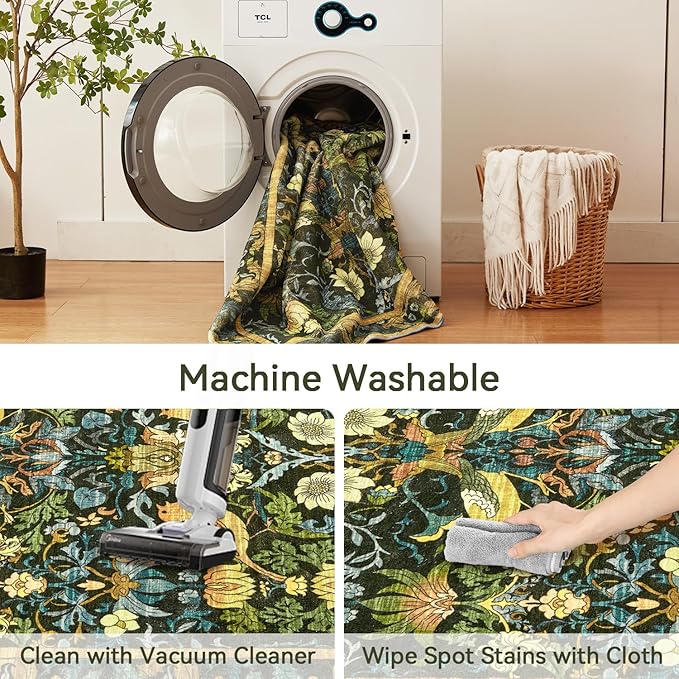 Runner Rug - 2'6"x8' Boho Washable Kitchen Rug, Non-Slip Soft Low Pile Rugs Indoor for Hallway Living Room Bedroom Sunroom, Vintage Stair Carpet Stain Resistance (Dark Green, 2.5x8ft)