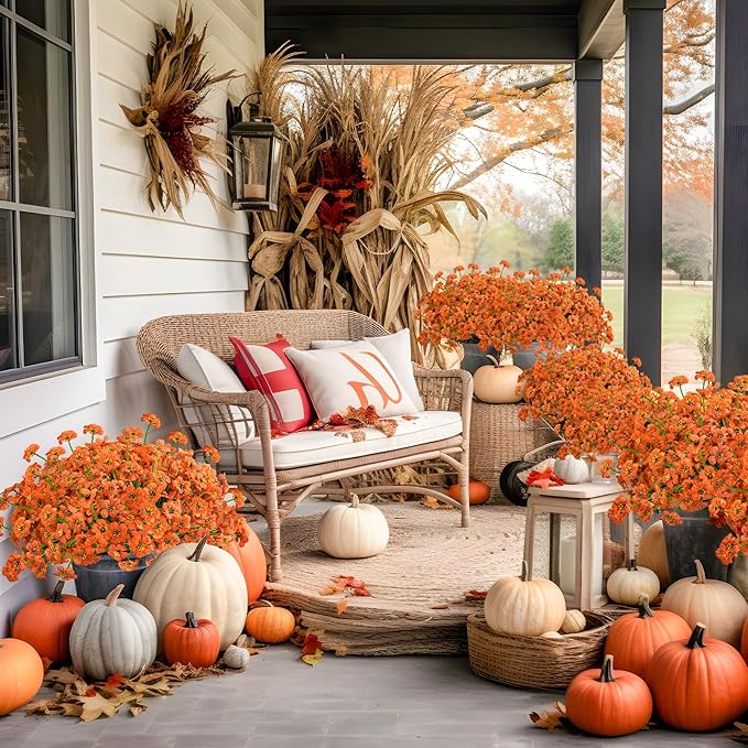 Krissing 48 Bundles Outdoor Artificial Flowers UV Resistant Fake Flowers Faux Plastic Flowers Plants Outside Garden Porch Window Box Fall Decor (Orange)