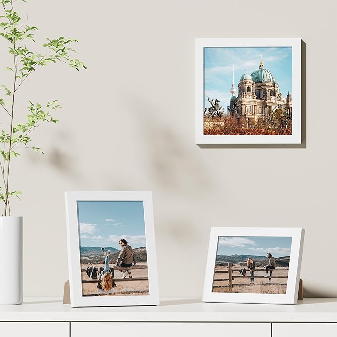 Vittanly 8x8 Picture Frames Set of 9, Shatter Resistant Plexiglass, Display 4x4 Pictures with Mat or 8x8 without Mat, Photo Frames for Wall Mount, Engineered Wood, White