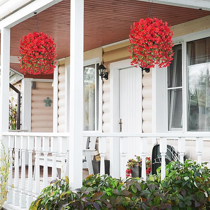 Artificial Faux Hanging Flowers Plants for Outdoor Decor,2 PCS Fake Silk Morning Glory with Eucalyptus Greenery UV Resistant Realistic Vines for Wall Home Porch Patio Balcony Yard Indoor Decor, Red