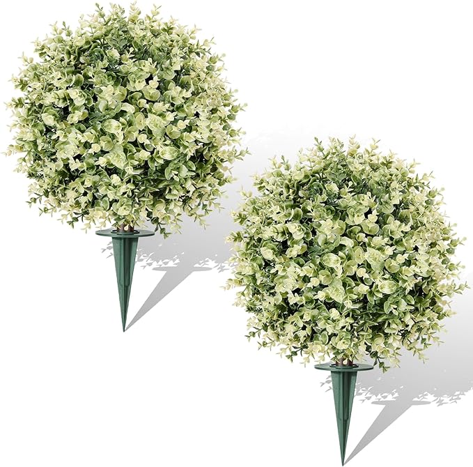 Lewondr Artificial Boxwood Topiary Ball Trees, 22.83'' Fake Plants Outdoor with Ground Spike, Set of 2 UV and Fade Resistant Faux Greenery Shrubs for Outdoor Indoor Front Porch Garden, Gradient White
