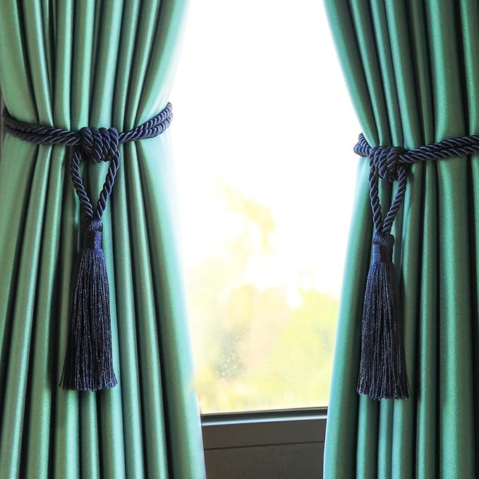 Fenghuangwu Curtain Tiebacks Tassel Tie-Backs, Rope Curtain tie Backs Handmade Curtain Holdbacks Made from Polyester (Navy, 4p)