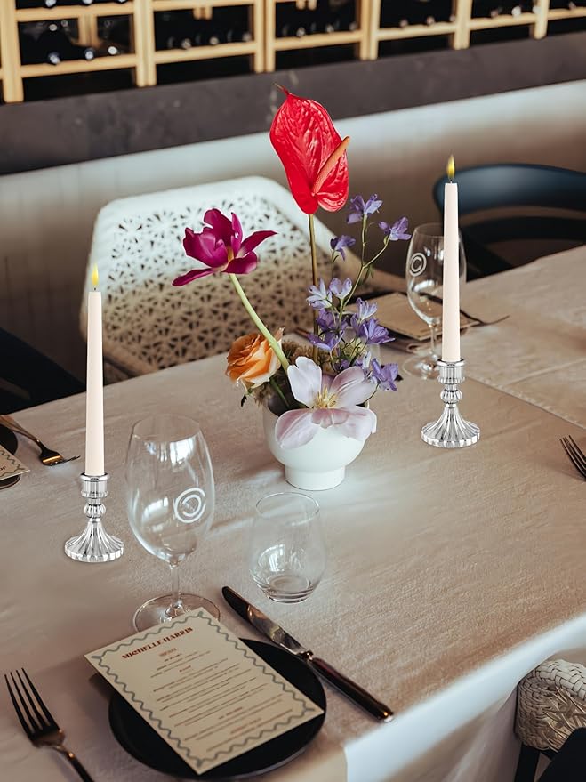 Glass Candlestick Holder,Striped Taper Candle Holders,Set of 6 Candle Stand for Table Centerpieces, Home Decor,Weddings,Festival and Parties (Silver Stripe)