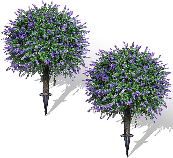Set of 2 Artificial Lavender Boxwood Topiary Ball Bush for Outdoor with Ground Spike 22", UV Resistant Faux Greenery Shrubs, Fake Boxwood Plants for Indoor, Garden, Yard, Porch, Patio Decor