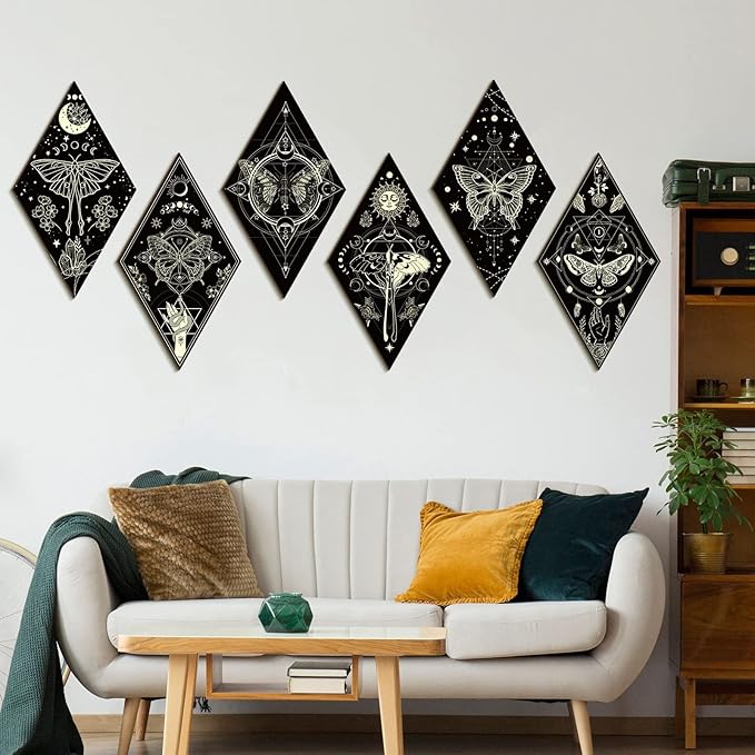 Sintuff 6 Pieces Halloween Gothic Wall Decor Boho Sun Moon Phases Wall Art Gothic Minimalist Stars Sun Hanging Wooden Home Decor Farmhouse Pediments for Gallery Living Bedroom Room(Mysterious)