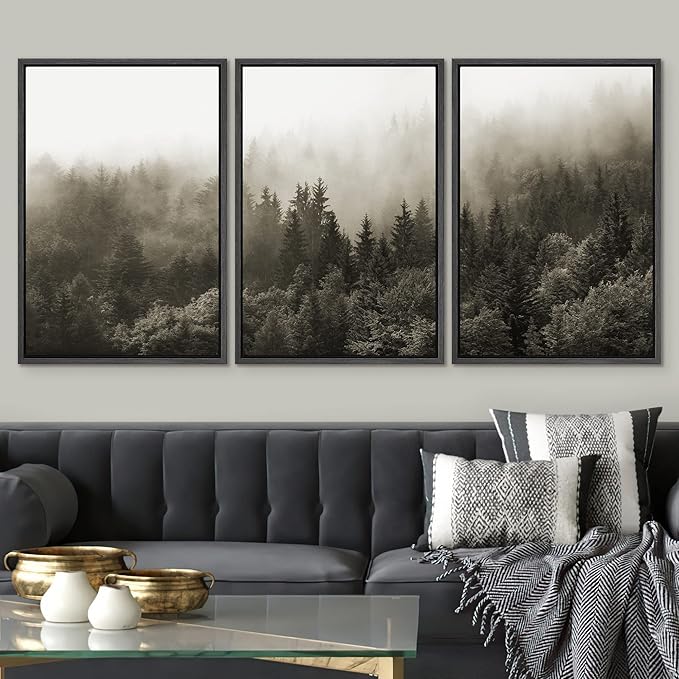 SIGNWIN Framed Canvas Print Wall Art Woodland Nursery Decor Set Fog & Mist Over Blue Pine Tree Forest Nature Modern Art Rustic Landscape Colorful for Living Room, Bedroom, Office - 24"x36"x3 Black