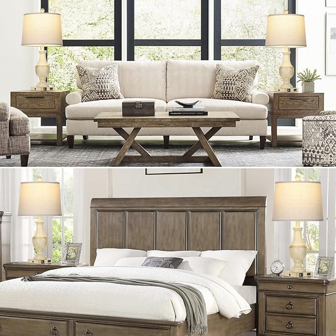 Farmhouse Lamps Set of 2, Vintage Rustic 3-Way Dimmable Touch Control Table Lamp with USB A+C Charging Ports & AC Outlet, Retro Resin Bedside Lamp Linen Shade for Bedroom Office Antique White