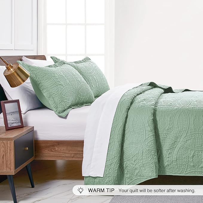 Love's cabin Twin Quilt Set Sage Bedspreads - Soft Bed Summer Lightweight Bedspread Comforter - Modern Style Coin Pattern Coverlet for All Season - 2 Pieces (1 Quilt, 1 Pillow Sham)
