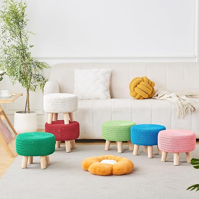 Wimarsbon Pouf Ottoman, 100% Cotton Knitted Boho Footstool, Round Footrest with Non-Skid Wood Legs, Home Décor Handmade Pouffe, Leisure Floor Step Stool for Living Room (Dark Green)