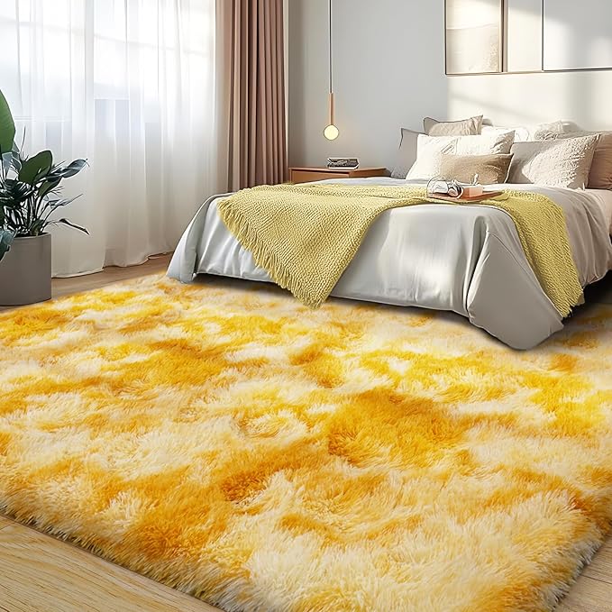 Soft Plush Shag Rug 5x7, Ultra Fluffy Rug for Living Room Bedroom, Non-Slip Fuzzy Large Area Rug for Living Room, Carpet for Girl Boy Kids, Modern Indoor Home Decor Aesthetic, Tie-Dyed Yellow