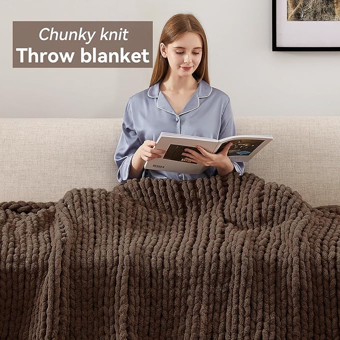 Chunky Knit Throw Blanket, 30''*40'' Knitted Throw Chenille Yarn for Bed Couch, Handmade Dark Brown Crochet Big Thick Blanket, Machine Washable Cute Comfy Blanket for Home Decor