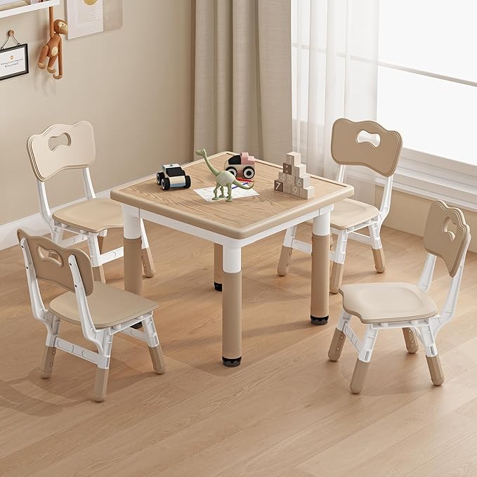 Kid Table and Chairs, Height Adjustable Childrens Table and Chair Set, Kids Tables for Age 2-8, Graffiti Desktop, Table for Kids with 4 Seats, Small Kids Table, Max 300lbs