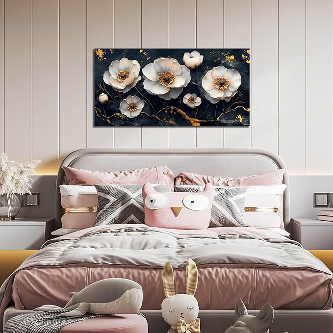 White Flower Wall Canvas Art for Bedroom - Black and White Wall Art for Living Room - Home Office Decor Wall Size 20" x 40"